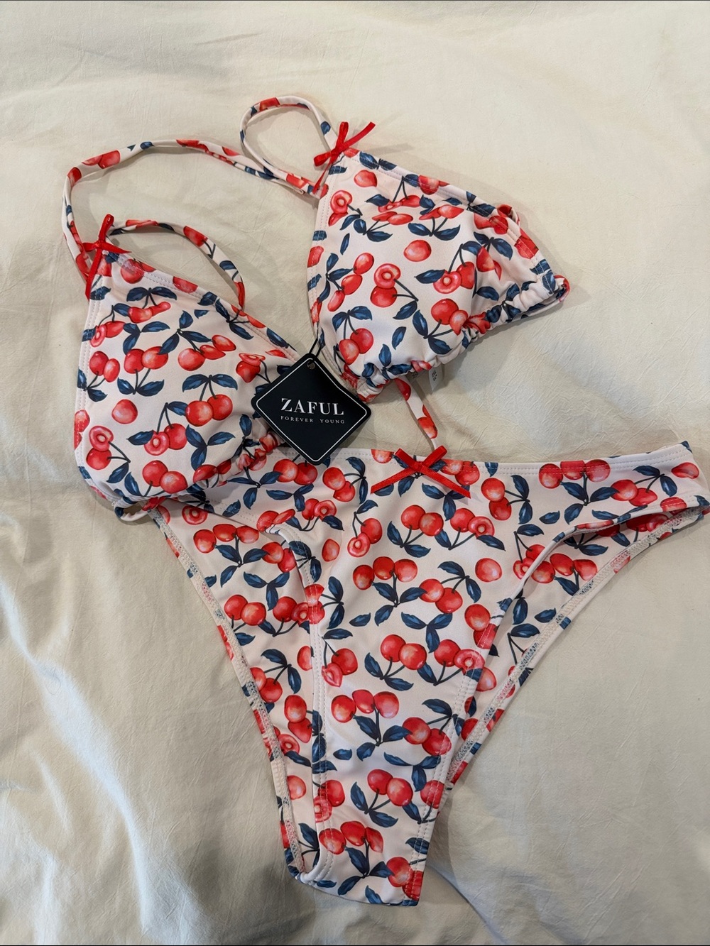 Zaful Red Cherry Print Bikini - White Base